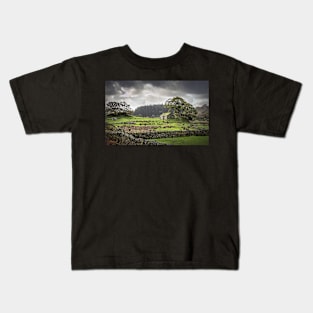 Country Barn in Green Fields with Stone Walls Kids T-Shirt